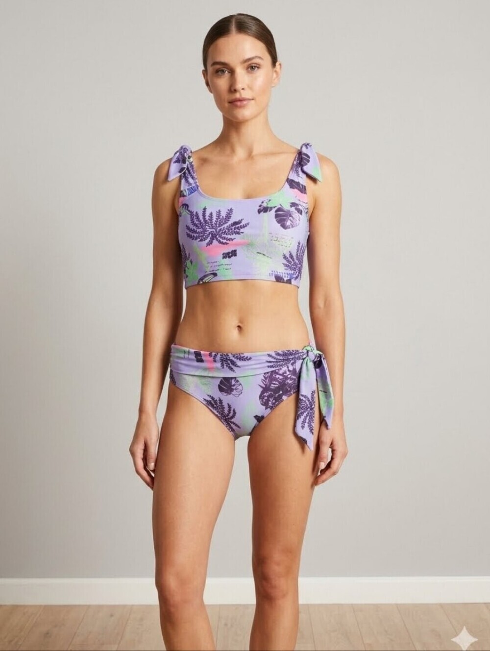 Body Glove Tropical Leaf Tie Strap Crop Top & Tie Side Bottom, VGUC, Size M